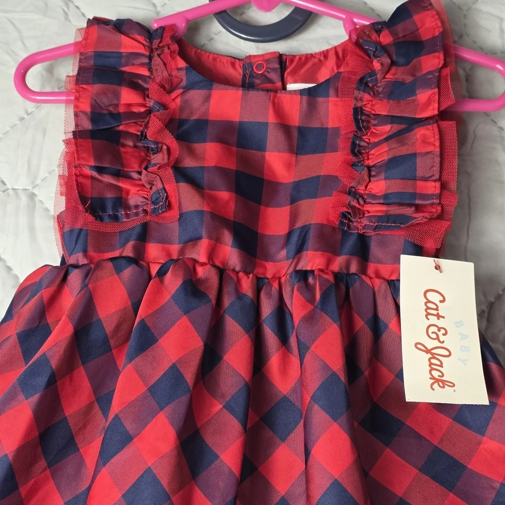 Baby Girls Cat & Jack Buffalo Plaid Ruffle Sleeve Christmas Dress - Sz 12 month